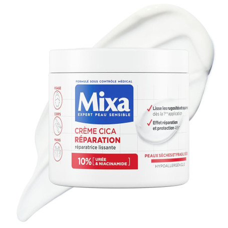 Mixa Expert Peau Sensible - Crème Cica Réparation - Réparation Effet Longue Durée - Peaux Très Sèches et Rugueuses - Visage, Cor