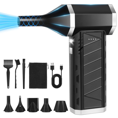Souffleur Air Comprimé- 150000 TR/Min de Pulvérisation d’Air Comprimé avec Batterie 6000mAh et 5 buses, Kit de Nettoyage de Clav