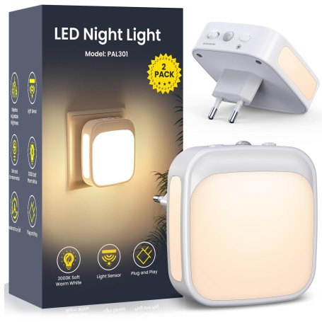 Veilleuse Prise Electrique, Lot de 2 Veilleuses LED avec Capteur de Crépuscule, Luminosité réglable, Veilleuse Enfant pour Chamb