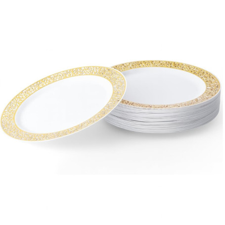 MATANA 20 Assiettes à Dessert en Plastique Blanc avec Bordure Dorée (19cm), Petites Assiettes pour Mariages, Anniversaires, Noël