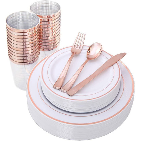 LATERN 150 Pièces Vaisselle en Plastique Réutilisable en Or Rose, Assiettes Plates, Assiettes à Salade, Couteaux, Fourchettes, C
