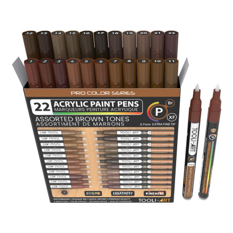 Lot de 22 marqueurs de peinture acrylique Marron Série Pro Color Pointe extra fine 0,7 mm pour peinture sur roche, verre, tasses