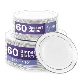 MATANA 120 Assiettes en Plastique Réutilisables Blanches Premium avec Bord Argenté (60 Grandes et 60 Petites Assiettes) – Solide MATANA 120 Assiettes en Plastique Réutilisables Blanches Premium avec Bord Argenté (60 Grandes et 60 Petites Assiettes) – Solide