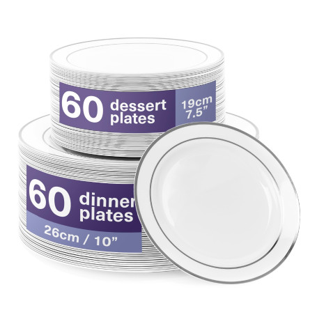 MATANA 120 Assiettes en Plastique Réutilisables Blanches Premium avec Bord Argenté (60 Grandes et 60 Petites Assiettes) – Solide