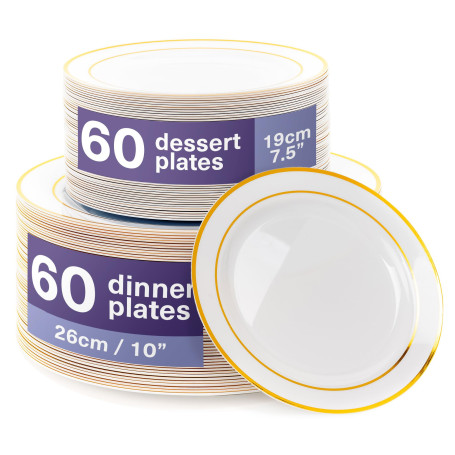 MATANA 120 Assiettes en Plastique Réutilisables Blanches Premium avec Bord Doré (60 Plates, 60 Dessert) - Solide & Incassable po