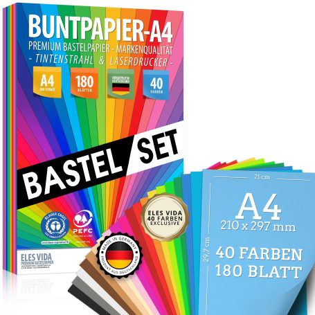 Papier couleur A4 - MEGA Kit de bricolage,180 feuilles de papier de couleur, 40 couleurs & papier de bricolage premium 80g/m² MA