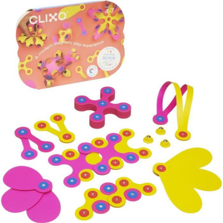 Crew Pack CLIXO - Rose/Jaune - GIPSY TOYS - Jeu de Construction magnétique, Flexible, Durable et imaginatif - 30 pieces - Des 4