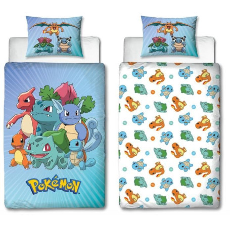 Parure de lit réversible - POKEMON - Pikachu et Starter - Bleu - Microfibre - 1 housse de couette 140 x 200 cm + 1 taie 63 x 63