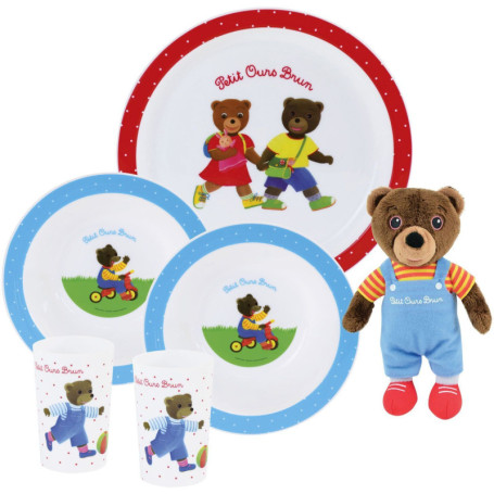 Lot vaisselle - FUN HOUSE - PETIT OURS BRUN - Assiette plate Ø 22 cm, 2 assiettes creuses Ø 16 cm, 2 verres 220 ml et peluche 18