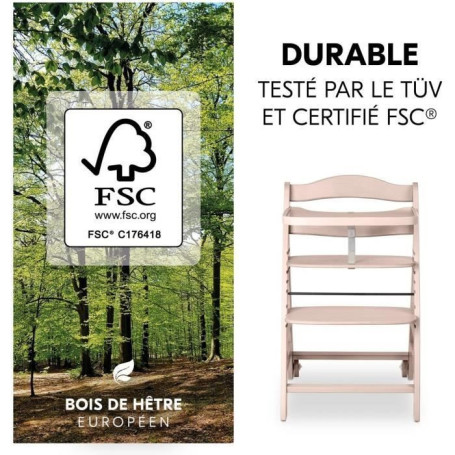 Chaise haute - HAUCK - BETA+ - Evolutive - De 6 mois a 90 kg - Bois FSC - Harnais 5 points - Roulettes - Whitewashed