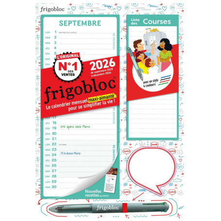 Mini Frigobloc Mensuel 2026 avec un stylo 4 couleurs ! (de sept. 2025 à déc. 2026)