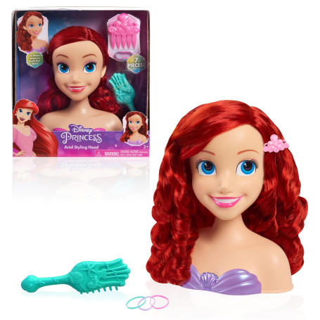 Just Play Tête à coiffer Ariel Princesses Disney de 20 cm de Haut avec Accessoires, 7 Accessoires, Chevelure rousse, Jeux d’Imit