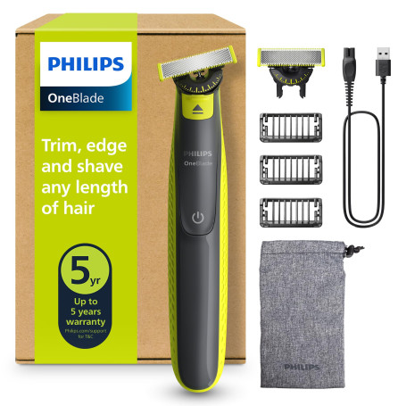 Philips OneBlade 360 Authentique Tondeuse et rasoir à barbe électrique, 2x 360 lames, 3x peignes à barbe (1,3,5mm), QP2724/31