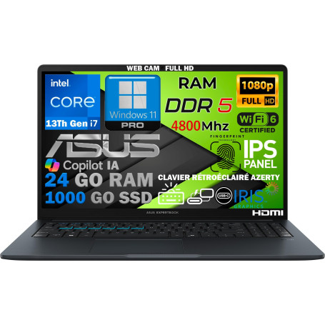 ASUS Ordinateur Portable Intel Core i7 13ᵉ Gén 10 Cœurs, RAM 24Go DDR5, SSD 1To, Écran 15.6" FHD IPS, WiFi 6E, Copilot IA, Webca