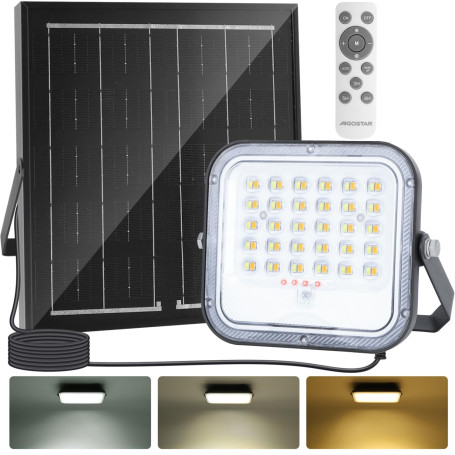 Aigostar - Projecteur Solaire LED d’extérieur avec Grande Panneau Solaire,Dimmable 3000/4000/6500K,4000mAH,Batterie de Grande Ca