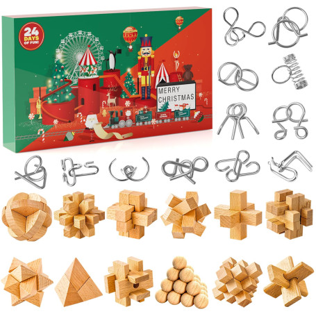 Calendrier de l'avent 2025 Casse-Tête, 24 jours de Surprise Calendrier du Compte à Rebours de Noël avec Casse Tête en Bois et en