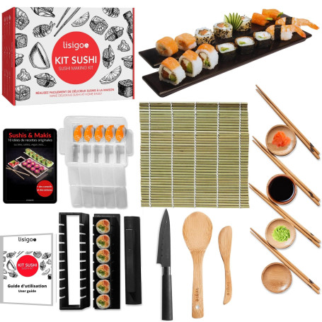 lisigoo Kit sushi maki complet - Sushi maker - Appareil pour fabrication sushi - Coffret avec natte en bambou, couteau japonais,