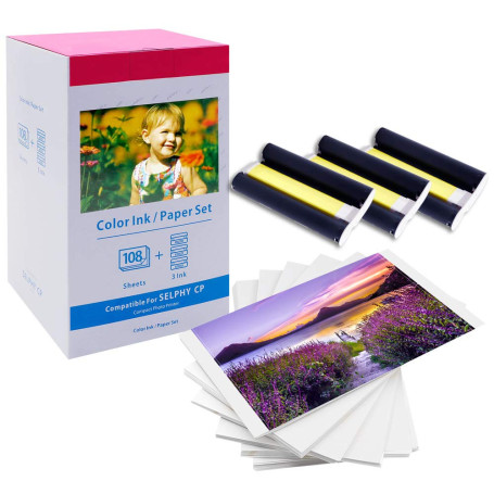 Rechange pour Canon Selphy CP1500 Papier Photo KP-108IN 3115B001(AA) Cartouche et Papier, Compatible avec Selphy CP CP1500 CP130