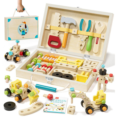Lehoo Castle Caisse a Outil Enfant Jouet en Bois Jouet 3 4 5 Ans Fille Garcon, 29 Pièces Boite a Outils Établi Enfant, Jeu de Co