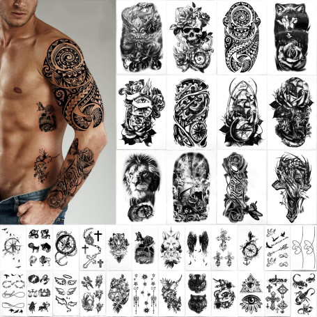 Yazhiji 36 feuilles de tatouages temporaires autocollants, 12 feuilles de faux corps bras poitrine épaule tatouages pour hommes 