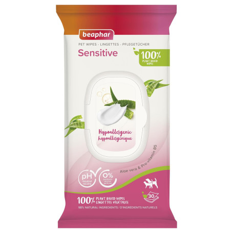 BEAPHAR – Lingettes Sensitive 100% végétales pour Chien et Chat – 98% Ingrédient naturels– Hypoallergéniques– À l'Aloe Vera et à
