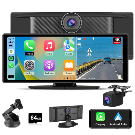 Hexinex Écran Carplay Voiture & Android Auto,Stéréo Carplay avec Dashcam Avant 4K, Caméra Arrière 1080P Inclus, 10,26 Pouces Écr