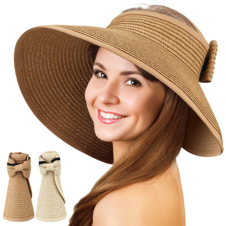 ytorgr Lot de 2 Femmes Chapeaux, Visière d'été Paille Pliables, Pare-Soleil à Large Bord en Paille pour Queue de Cheval Chapeau 