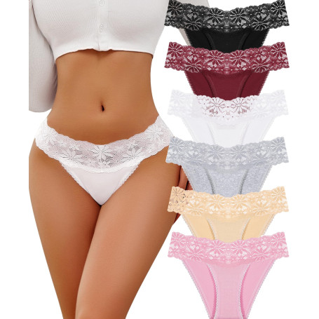 ALL OF SHE Lot de 6 sous-vêtements Femme Dentelle Coton Lingerie Sexy Hipster Panties Femme Respirant Underwear Slip Doux Multip