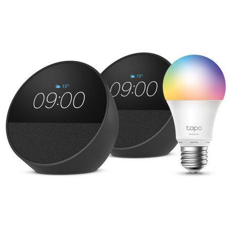 Echo Spot | Noir, pack de 2 + Tapo L530EA ampoule connectée LED (E27), Fonctionne avec Alexa - Kit de démarrage Maison connectée