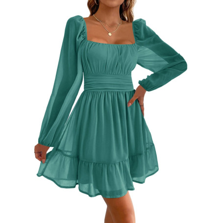 Imily Bela Robe de soirée pour femme - Col carré - Mini robe en maille - Taille haute - Plissée - Manches longues - Invité de ma