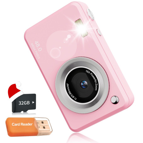 Appareil Photo Numérique FHD 1080p, Carte De 32 Go, Zoom 16x, Appareil Photo Compact avec Batterie De 1300 mAh, Écran De 2,4 Pou
