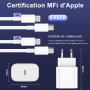 Chargeur iPhone,2Pack Chargeur Rapide de 20W Adaptateur avec 2M&3M [Certifié Apple MFi ] USB-C de données Lightning Cordon de Ch
