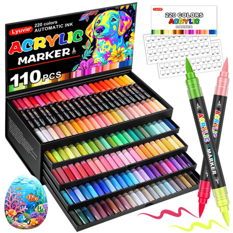 Lyuvie 220 Couleurs Feutre Acrylique,110 Pcs Acrylic Paint Marker Marqueur Peinture Acrylique Pointe Brush pour Roche Tissu Pier