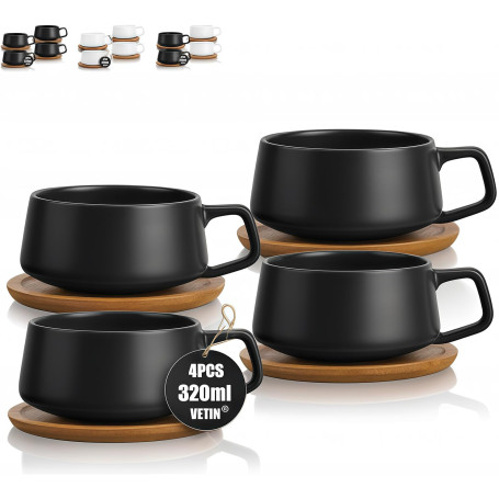 VETIN Lot de 4 Tasses à cappuccino avec soucoupe, tasse en marbre, 320 ml, en porcelaine, pour thé, café, cappuccino, tasses à c