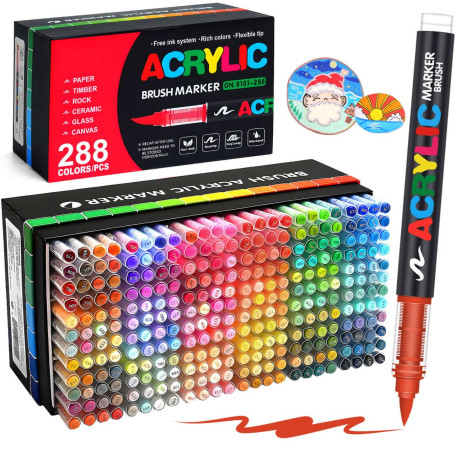 Laconile 288 Couleurs Feutre Acrylique, stylos acryliques à pointe pinceau pour le coloriage adulte ，Acrylic Paint Markers pour 