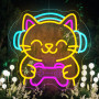 Looklight Panneau néon LED « Gaming Cat » - Pour décoration, néon - À intensité variable - Avec USB - Pour salle de jeux, chambr
