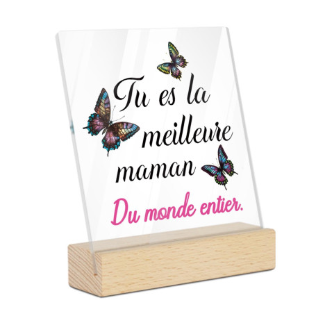 Putuo Decor Cadeau Maman Acrylique Rectangulaire – Tu ES La Meilleure Maman du Monde Entier, Message avec Papillons Colorés