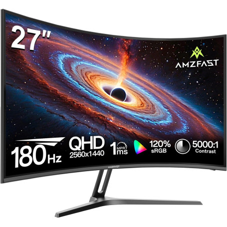 Amzfast Écran PC Gaming 27 Pouces Incurvé, 2k QHD(2560 x 1440), 180 Hz Moniteur, 1Ms MPRT, 1500R, sRGB 130%, Adpative Sync, HDR,