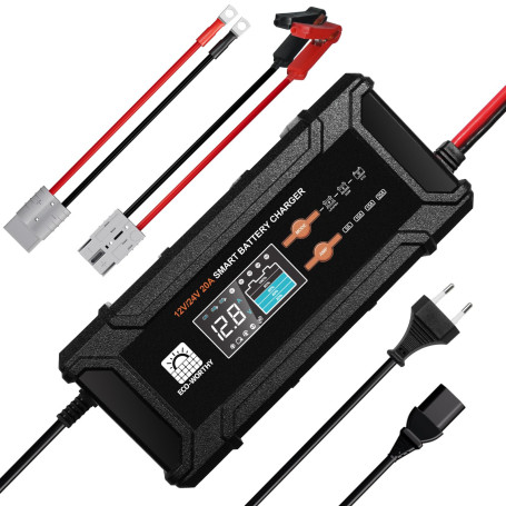 ECO-WORTHY 12V/24V 20A Chargeur de Batterie LiFePO4 avec Options Multi-Courant 5A/10A/15A/20A,détection Automatique de la Tensio