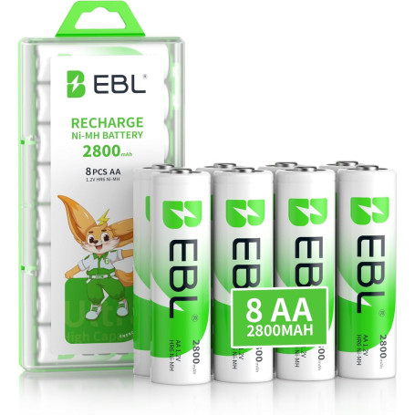 EBL 8PCS AA Piles Rechargeables Ni-MH 2800mAh Plus Haute Capacité, Piles AA R6 Rechargeables avec boîtes de Piles, Écologique et