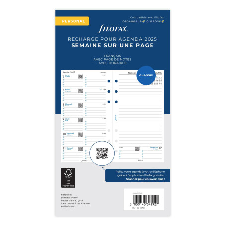 Filofax Personnel 1 semaine sur 1 page + notes. Français 2025
