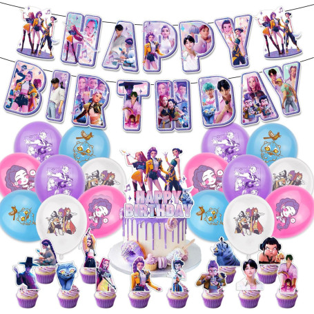42pcs Set de Décoration Anniversaire, Kit de Fête avec Ballons, Bannière Joyeux Anniversaire, Cupcake Toppers, Fournitures de Fê