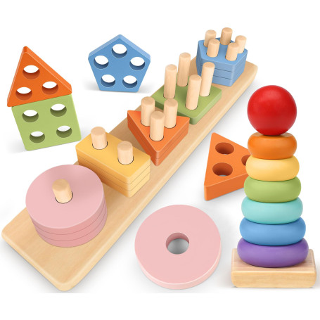Subtail Montessori Jouets Enfant 1 2 3 Ans - Jouet à Empiler Et de Tri Bebe 1 an - Jouet Puzzles en Bois - Jeu Jeux Montessori 1