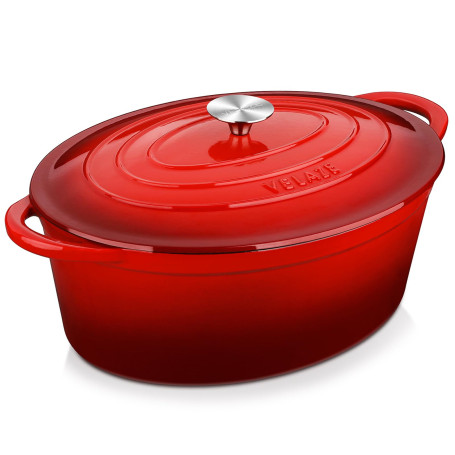 Velaze Cocotte Fonte 7L Émaillée, Marmite Fonte 34cm, Antiadhésive Couvercle Rouge, Compatible Induction/Gaz/Four