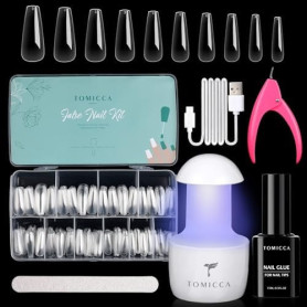 TOMICCA Capsule Americaine Ongle-Pose Americaine Ongle Kit, 500 PCS Capsules Ongle Ballerine Long,Portable Lampe UV Ongle Et 15M