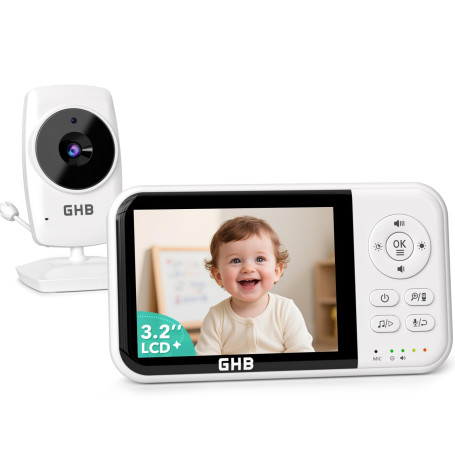 GHB Babyphone Caméra Bébé Surveillance 3,2 inches LCD Batterie 2100mAh Capteur de Température Vision Nocturne 2X Zoom Audio Bidi