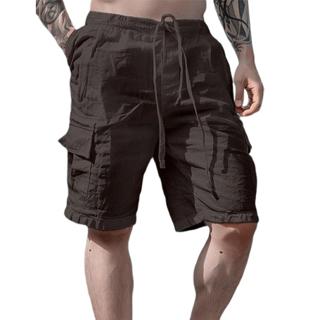 PADOLA Short Homme Coton Lin Bermuda avec 4 Poches Été Plage Cargo Shorts et Bermudas Taille Elastique Short de Travail Cordon d