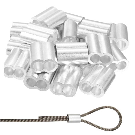 Lot de 100 manchons aluminium KYLOS 3mm, Bagues de sertissage pour câbles acier, Double embouts argentés pour câbles aviation et