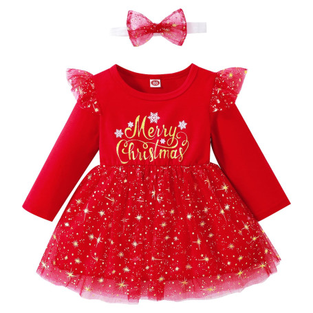 Winmany Tenues de Noël pour bébés filles Robe Tutu Toddler Jupe à manches longues en dentelle Vêtements chauds pour bébé+bandeau