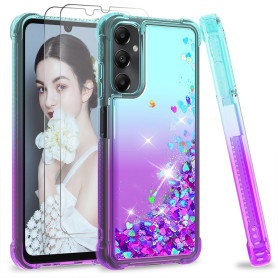 LeYi Coque Verre Trempé Lot de 2 A05S Fille Paillette Silicone Gel TPU Antichoc Kawaii Housse Turquoise Violet